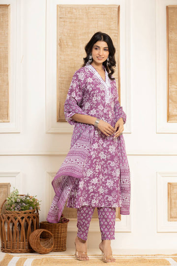 Varanga Women Purple Printed V Neck Kurta Paired With Bottom & Dupatta